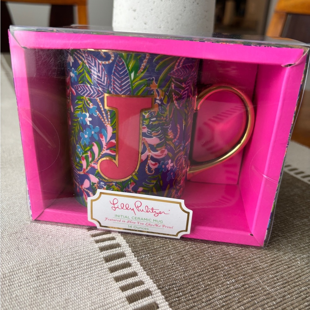 Lilly Pulitzer Initial “J” Ceramic Mug with Gold Handle NIB